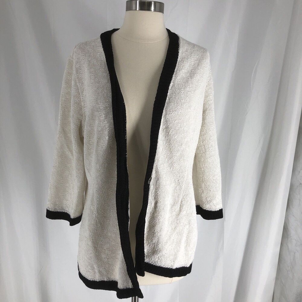 Nic+Zoe Textured Single Button Cardigan, Size Large White Black Trim